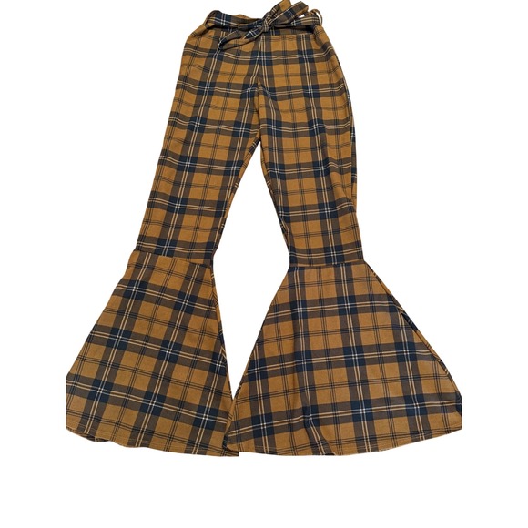 Vamp Pants - VTG Y2K Vamp Brown Plaid High Waisted Bell Bottom Pants w/ Tie Belt Small USA